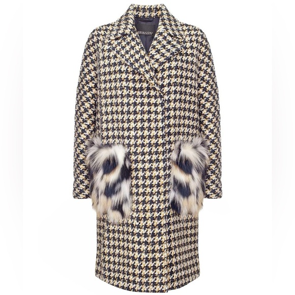 Ermanno Scervino Jackets & Blazers - Ermanno Scervino Tweed Houndstooth Coat with Natural Fur Pockets